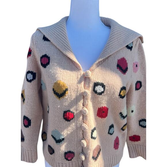 HWR Monogram Anthropologie Chocolate Box Cardigan Knit Beige Wool Blend Sz LARGE - Picture 7 of 10